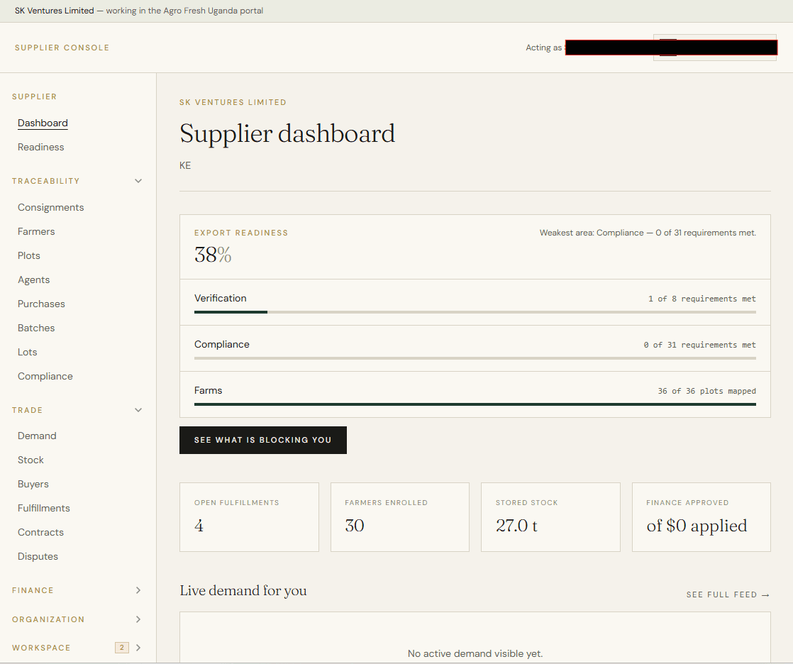 The Readiness screen listing what is blocking a supplier from trading